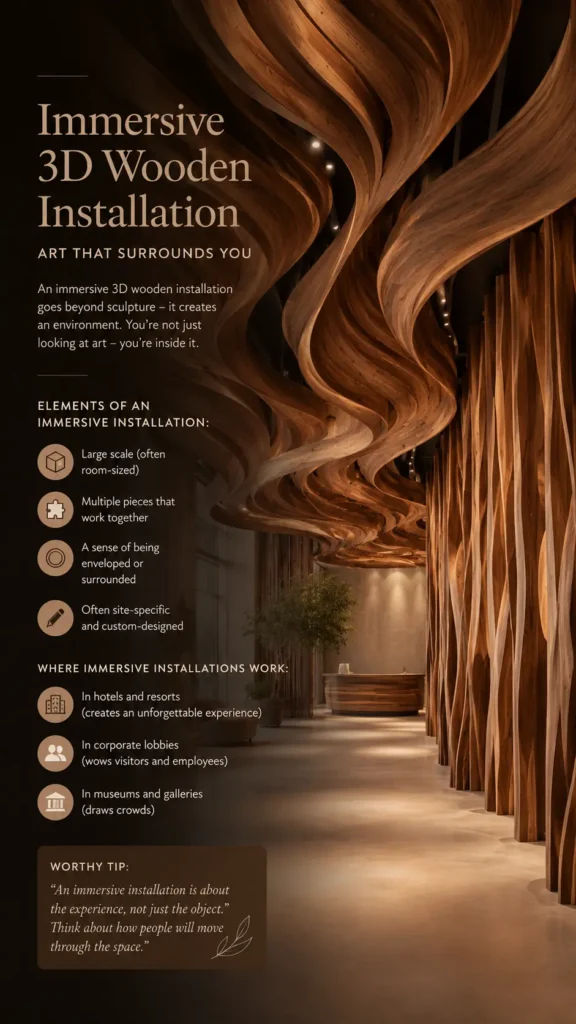 Here is the ALT text for the image "Immersive 3D Wooden Installation – Art That Surrounds You.webp", optimized for Pinterest under the 500-character limit:
ALT Text:
An infographic titled "Immersive 3D Wooden Installation – Art That Surrounds You.webp". It features a luxury hotel lobby or corridor wrapped in a dramatic architectural installation with fluid, wavy wooden panels curving seamlessly across the ceiling and down the side wall. Text highlights the elements of immersive installations (large room scale, custom design) and lists prime locations like resorts, corporate lobbies, and museums, ending with a tip about visitor movement.