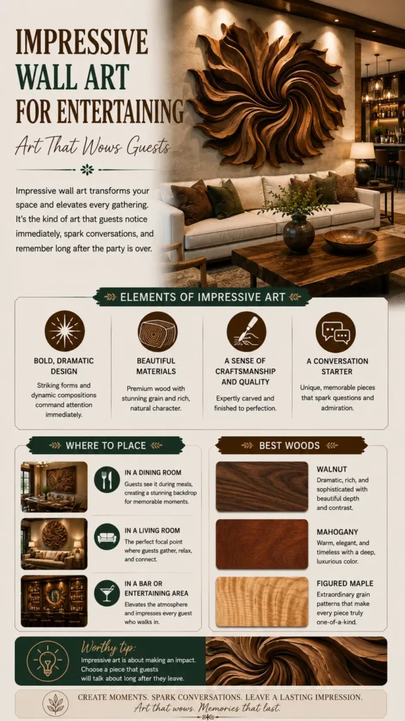 Vertical Pinterest infographic titled "Impressive Wall Art for Entertaining – Art That Wows Guests." Highlights a large, spiral-carved wood sculpture displayed above a sofa in a modern home lounge. Sections detail "Elements of Impressive Art," recommended placement areas (dining room, living room, bar area), and "Best Woods" like Walnut, Mahogany, and Figured Maple. Footer reads: "Create moments. Spark conversations. Leave a lasting impression. Art that wows. Memories that last."