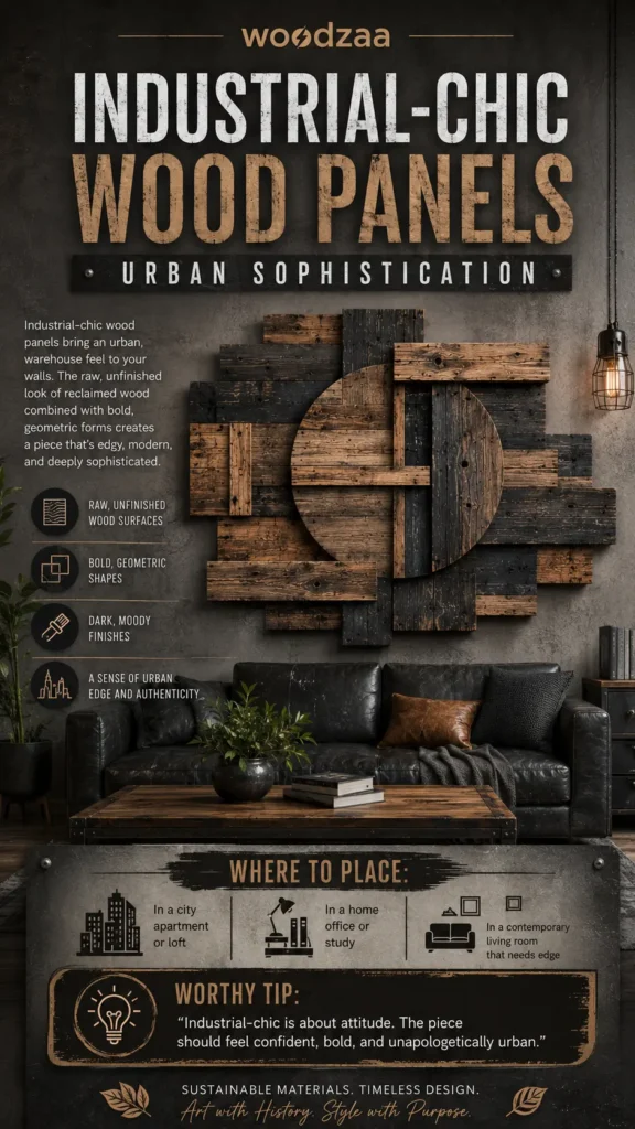 A Pinterest graphic titled "Industrial-Chic Wood Panels: Urban Sophistication" by Woodzaa. The center features a bold geometric wall sculpture made of raw, dark, and weathered reclaimed wood planks forming layered rectangles and a large split circle. The piece hangs on a moody concrete wall above a black leather sofa. Icons highlight features like raw wood surfaces, bold geometric shapes, and dark finishes. The bottom "Where to Place" section suggests a city loft, home office, or living room.
