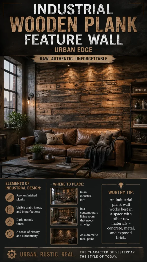 An infographic titled "Industrial Wooden Plank Feature Wall – Urban Edge." The main image shows a moody industrial loft with a leather sofa in front of a dark, textured wood plank accent wall illuminated by spotlights. Below, text outlines key design elements (raw planks, visible knots, moody tones) and placement ideas (industrial lofts, contemporary living rooms). A tip notes that these walls pair best with other raw materials like concrete, metal, and exposed brick.