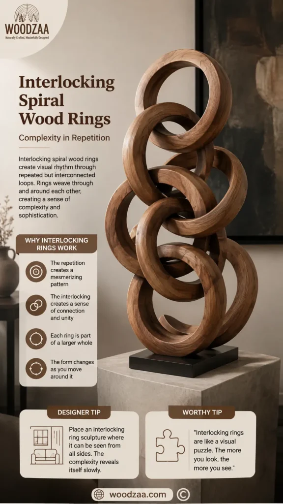 An infographic titled "Interlocking Spiral Wood Rings – Complexity in Repetition" by WOODZAA. On the right, a tall, intricate wooden sculpture composed of multiple thick, interlocking circular rings with a warm grain finish rests on a black base atop a stone pedestal. The left side outlines why interlocking rings work, emphasizing mesmerizing patterns, connection, and unity. The bottom features a designer tip recommending 360-degree visibility, a puzzle icon note, and woodzaa.com.
