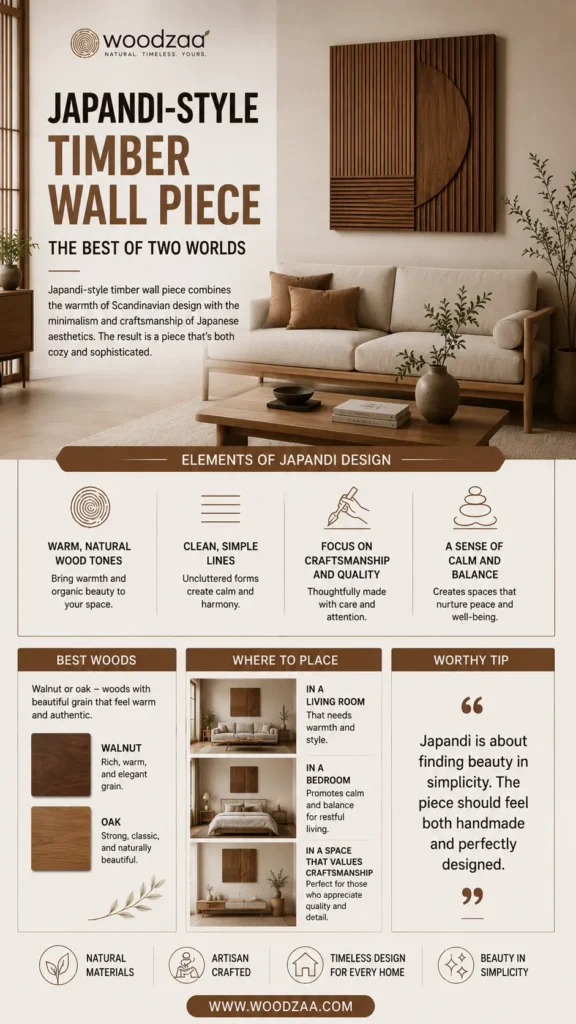 An infographic by Woodzaa titled "Japandi-Style Timber Wall Piece – The Best of Two Worlds." The top showcases a square dark wood art installation featuring thin vertical slats and a smooth half-circle cutout above a beige sofa. Below, text sections cover "Elements of Japandi Design" (natural wood tones, simple lines, craftsmanship, calm), "Best Woods" (Walnut, Oak), and "Where to Place" (living room, bedroom). A "Worthy Tip" explores beauty in simplicity. Includes www.woodzaa.com.