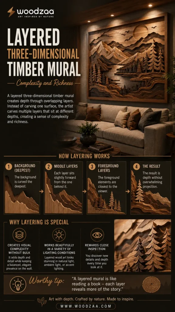 Infographic by Woodzaa titled "Layered Three-Dimensional Timber Mural – Complexity and Richness." The top shows a cozy living room with a large, framed 3D wooden landscape mural of mountains and pine trees hanging above a cream sofa. Below, a step-by-step "How Layering Works" diagram explains background, middle, and foreground layers. A detailed close-up in the bottom right highlights the intricate carved wood textures of the pine trees. Perfect for rustic and modern home decor.