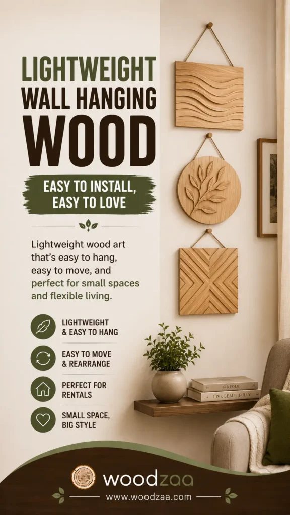 A Pinterest graphic titled "Lightweight Wall Hanging Wood – Easy to Install, Easy to Love." On the right, three small carved light-wood art pieces—wavy rectangular, circular leaf design, and geometric square—hang vertically by hanging cords from pegs above a floating shelf with books and a plant. Text on the left emphasizes easy hanging, flexibility, and rental suitability. The bottom features the Woodzaa logo and website www.woodzaa.com.