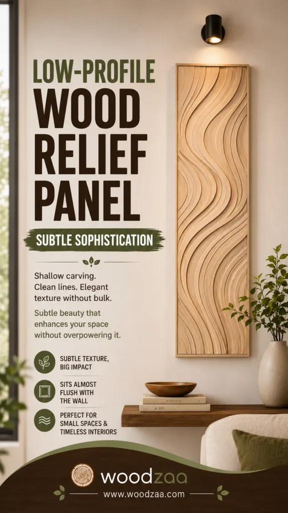 A Pinterest graphic titled "Low-Profile Wood Relief Panel – Subtle Sophistication." On the right, a long, light-toned wooden panel with wavy carved textures hangs vertically under a black sconce light. Below it, a floating shelf holds a wooden bowl and books alongside a tall potted plant. Text on the left emphasizes its shallow carving, clean lines, and flush fit for small spaces. The Woodzaa logo and website www.woodzaa.com are at the bottom.