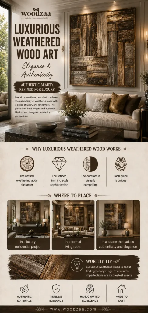 An infographic by Woodzaa titled "Luxurious Weathered Wood Art – Elegance & Authenticity." The main image shows a large, upscale square mosaic of distressed, dark weathered wood panels hanging above a cream sofa with gold and brown pillows. The graphic highlights "Why Luxurious Weathered Wood Works" with icons for character, sophistication, contrast, and uniqueness. Three smaller images showcase the art styled in a luxury residential project, a formal living room, and elegant spaces.