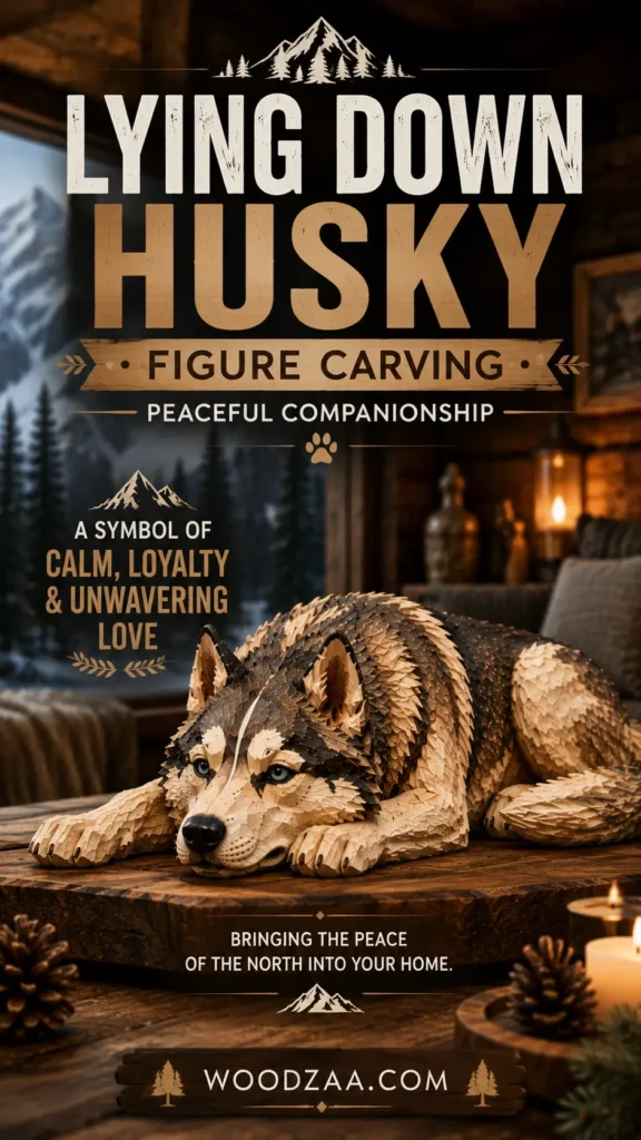 A detailed hand-carved wooden sculpture of a Husky lying down peacefully on a wooden table, featuring blue eyes and fine feather-like coat textures. Set in a cozy cabin interior with pinecones and candles, overlooking snowy mountains. Overlay text reads: "LYING DOWN HUSKY FIGURE CARVING • PEACEFUL COMPANIONSHIP - A symbol of calm, loyalty & unwavering love. Bringing the peace of the North into your home." Features a wooden footer banner displaying "WOODZAA.COM" between pine tree icons.