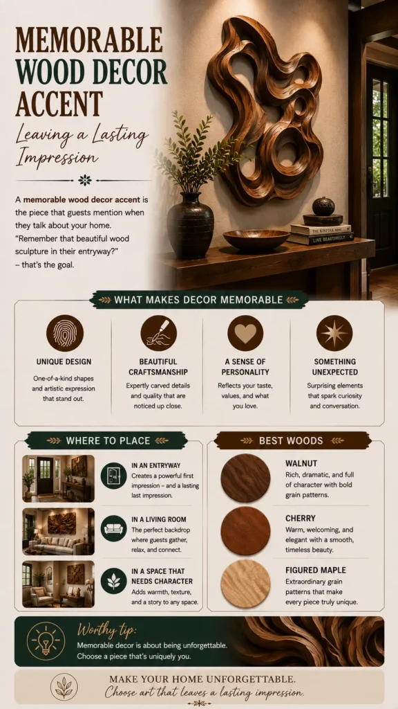 Vertical Pinterest infographic titled "Memorable Wood Decor Accent – Leaving a Lasting Impression." Top image features a large, fluid abstract wood sculpture mounted above an entryway console table. Key sections explain "What Makes Decor Memorable," offer placement tips for entryways and living rooms, and highlight "Best Woods" like Walnut, Cherry, and Figured Maple. Footer reads: "Make your home unforgettable. Choose art that leaves a lasting impression."