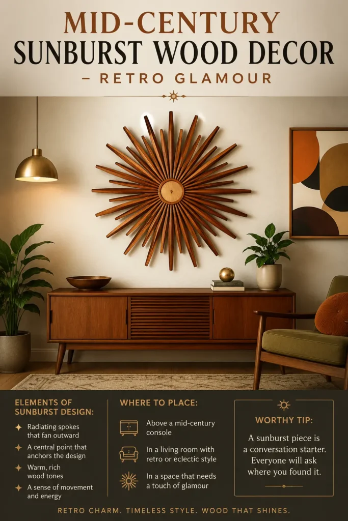 An infographic titled "Mid-Century Sunburst Wood Decor – Retro Glamour." The main image shows a retro living room featuring a large, wooden sunburst sculpture with radiating spokes hanging above a mid-century wooden console. Below, text outlines key elements of sunburst design (radiating spokes, warm wood tones) and perfect placement ideas (above a console, in retro spaces). A tip at the bottom describes a sunburst piece as a natural conversation starter.