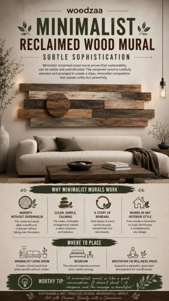 A Pinterest graphic titled "Minimalist Reclaimed Wood Mural: Subtle Sophistication" by Woodzaa. The center showcases a large, horizontal wall mural made of staggered, layered reclaimed wood planks in natural brown tones, accented by a single dark wooden circle on the left. The art piece hangs above a modern cream sofa styled with earth-toned pillows. The bottom section details "Why Minimalist Murals Work" and placement tips suggesting a minimalist living room, bedroom, or wellness space.