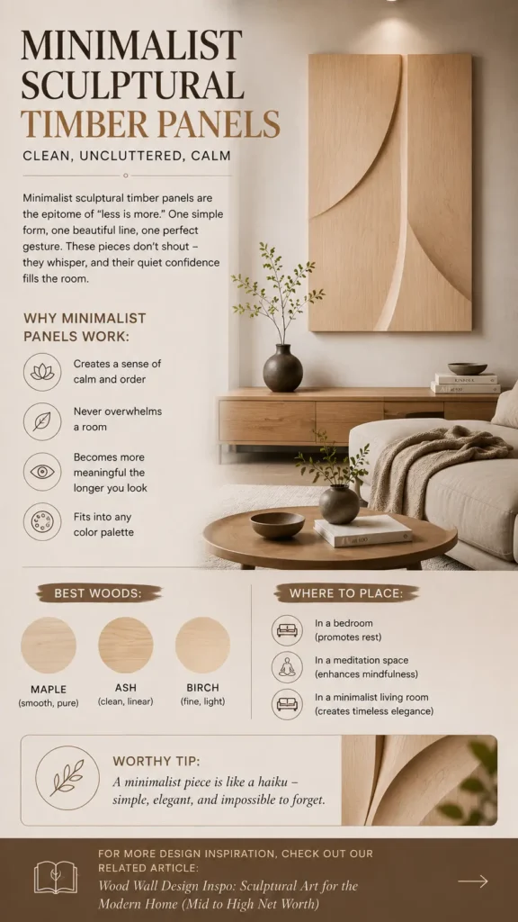 The top visual features a bright, serene living room with a large light wood wall art piece displaying subtle, elegant 3D curved shapes. The lower section outlines design benefits, recommended light wood species (maple, ash, birch) with texture swatches, placement ideas for bedrooms, meditation spaces, or living rooms, and a close-up image showcasing the smooth, natural wood grain details.
