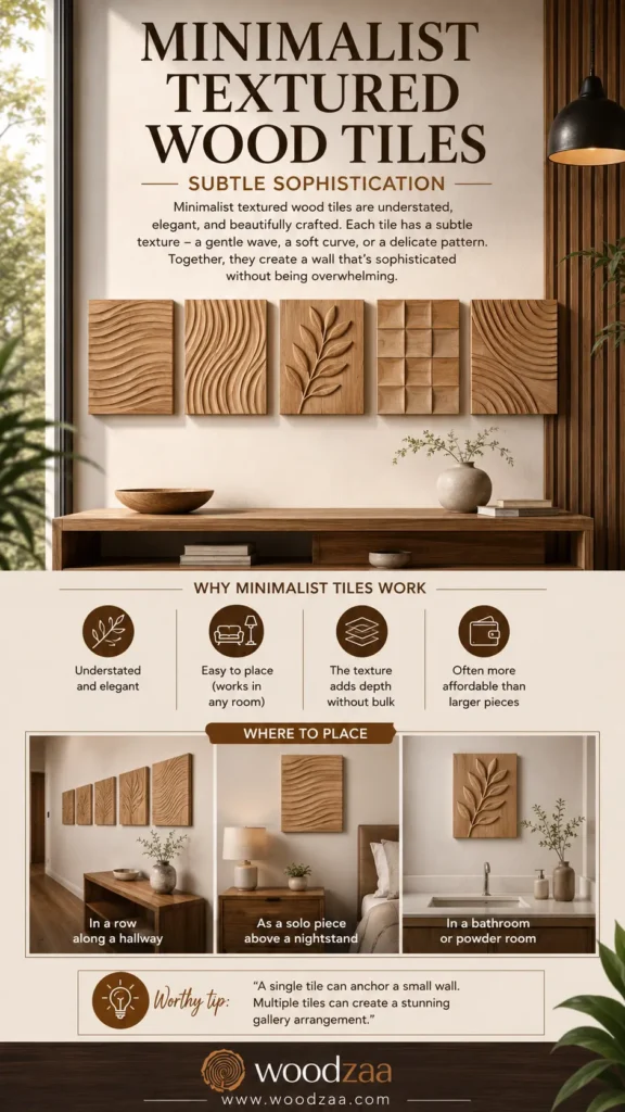 An infographic-style vertical Pinterest pin titled "Minimalist Textured Wood Tiles – Subtle Sophistication" by woodzaa. The top shows a bright room featuring five light oak textured wood tiles hanging in a row above a wooden console table. The tile designs include wave patterns, a carved leaf branch, and a grid of curved squares. The bottom half outlines "Why Minimalist Tiles Work" with helpful icons, showcases styling ideas ("Where to Place") in three photo panels, and includes a "Worthy Tip" box.