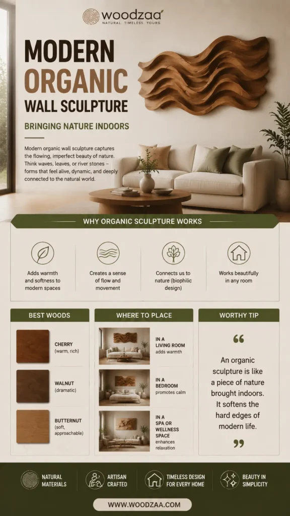 An infographic by Woodzaa titled "Modern Organic Wall Sculpture – Bringing Nature Indoors." The top features a wavy, dynamic wood art piece mounted above a white sofa in a modern living room. Below, text sections outline "Why Organic Sculpture Works" (warmth, flow, biophilic design), "Best Woods" (Cherry, Walnut, Butternut), and "Where to Place" (living room, bedroom, spa space). Icons at the bottom highlight natural materials and timeless design, listing www.woodzaa.com.