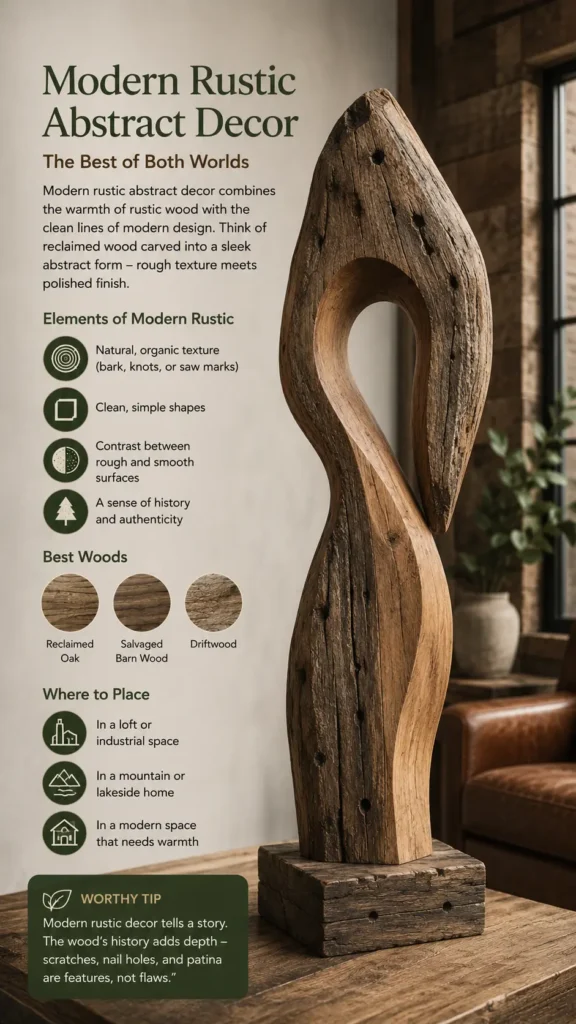 An infographic titled "Modern Rustic Abstract Decor – The Best of Both Worlds." On the right, a weathered, abstract wooden sculpture with a carved cutout loop sits on a rustic block. On the left, text outlines elements of modern rustic style (organic textures, simple shapes, rough-smooth contrast) and recommends woods like reclaimed oak, salvaged barn wood, and driftwood. Placement ideas include industrial lofts and lakeside homes. A tip notes that nail holes and scratches are features.