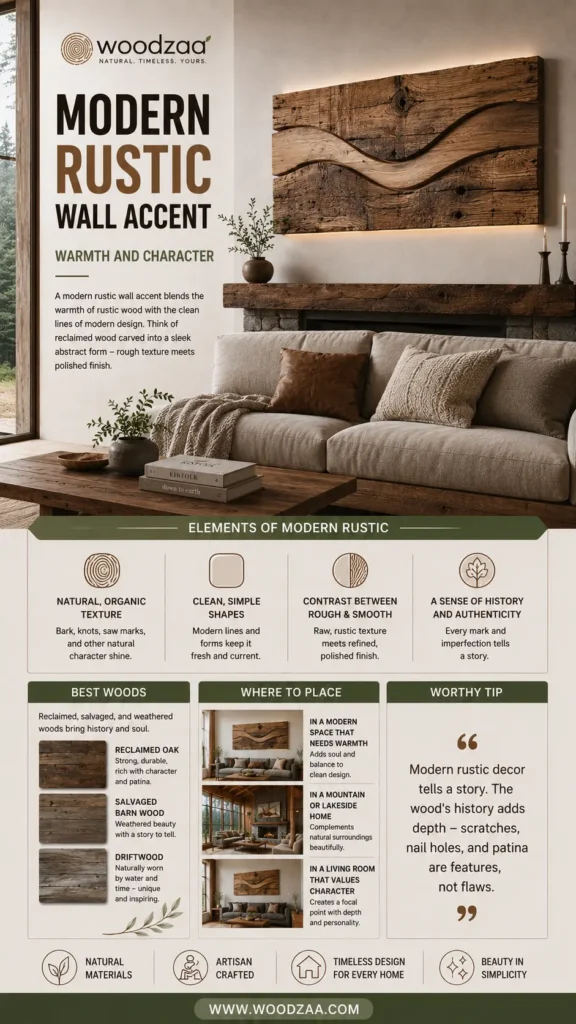 An infographic by Woodzaa titled "Modern Rustic Wall Accent – Warmth and Character." The top features a large, back-lit panel made of weathered reclaimed wood with an abstract wavy cutout, mounted over a stone fireplace and cozy beige sofa. Below, sections explain "Elements of Modern Rustic" (organic texture, simple shapes, history), "Best Woods" (Reclaimed Oak, Salvaged Barn Wood, Driftwood), and "Where to Place" (mountain homes, living rooms). Website www.woodzaa.com is listed.
