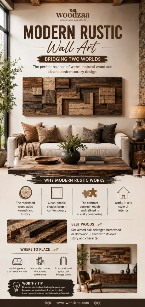 An infographic by Woodzaa titled "Modern Rustic Wall Art – Bridging Two Worlds." The main image shows a large, horizontal multi-textured reclaimed wood block art installation hanging over a cream sofa with brown pillows. The graphic breaks down "Why Modern Rustic Works" with icons for warmth, clean shapes, contrast, and versatility. It lists "Best Woods" like reclaimed oak and barn wood, alongside placement ideas for a living room, modern home, or transitional space.