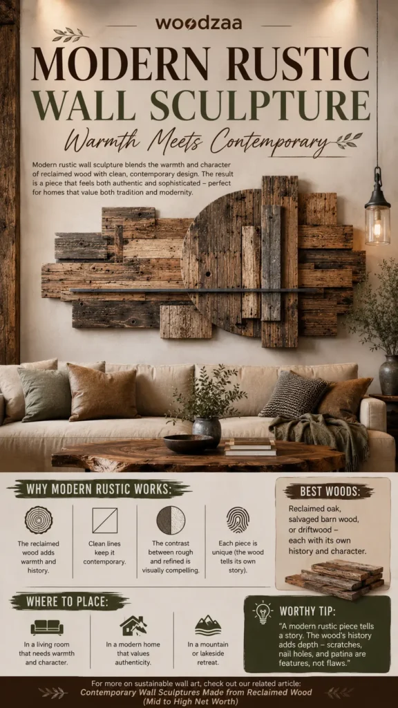 A Pinterest infographic titled "Modern Rustic Wall Sculpture: Warmth Meets Contemporary" by Woodzaa. The center features a textured, geometric wall sculpture made of layered reclaimed wood planks in warm brown tones, displaying a large central circle shape bisected by a dark horizontal bar. The art piece hangs above a beige sofa styled with olive green and brown cushions. The lower section includes features explaining "Why Modern Rustic Works," a "Best Woods" highlight box, and placement tips suggesting a living room or mountain retreat.