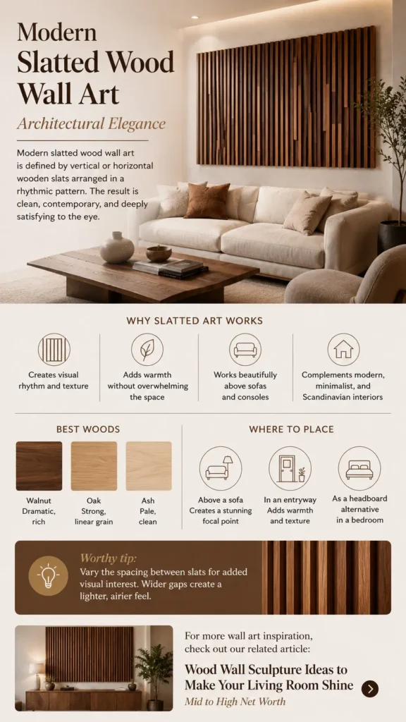 An infographic titled "Modern Slatted Wood Wall Art – Architectural Elegance." The main image shows a contemporary living room featuring a large, rectangular piece of slatted wood wall art made of vertical wooden slats arranged in a rhythmic pattern above a cream-colored sofa. Below, sections describe why slatted art works (creates rhythm, adds warmth), the best woods (walnut, oak, ash), placement ideas, and a tip to vary the spacing between slats for visual interest.