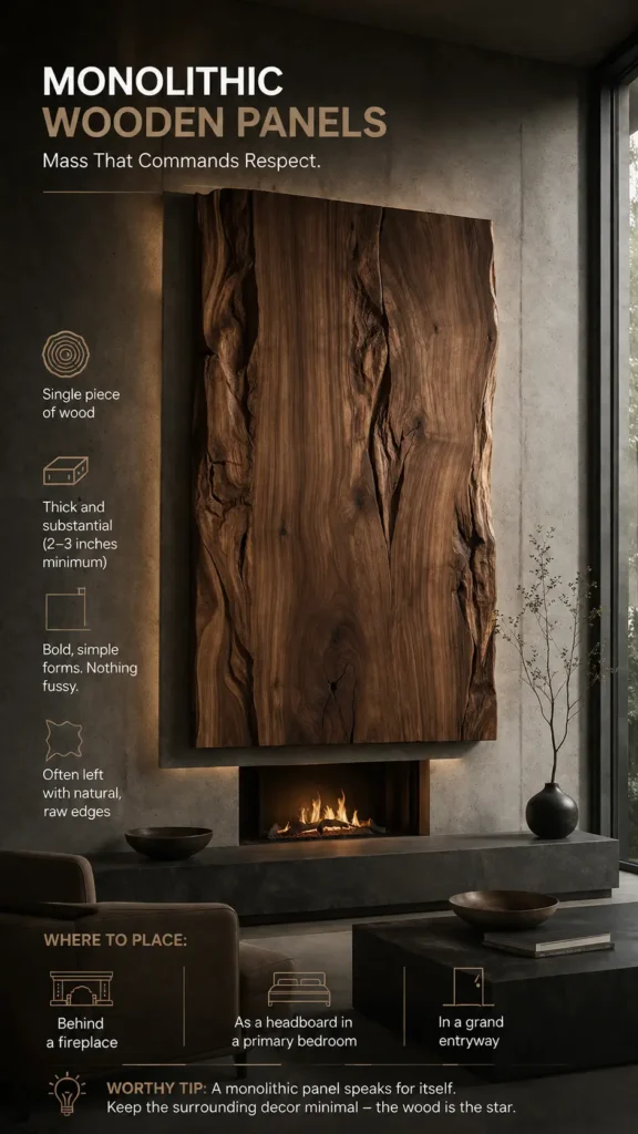An infographic titled "Monolithic Wooden Panels." On the right, a massive, thick single slab of dark wood with dramatic grain and natural raw edges is mounted as a feature wall panel above a modern linear fireplace. Text icons on the left highlight its design traits: single piece of wood, thick and substantial, bold forms, and raw edges. "Where to Place" tips suggest installing it behind a fireplace, as a primary bedroom headboard, or in a grand entryway with minimal decor.