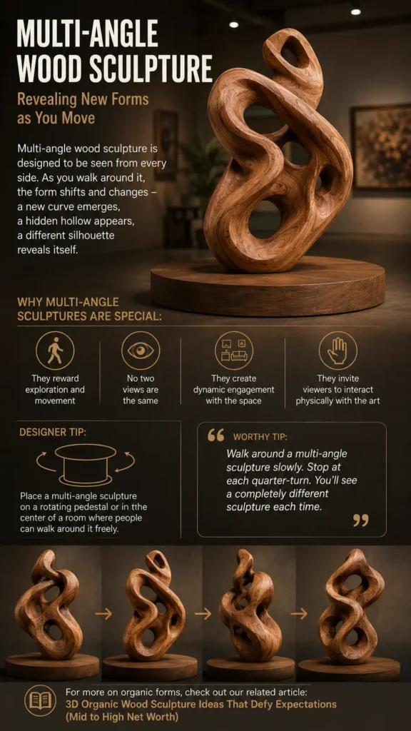 An infographic titled "Multi-Angle Wood Sculpture." The main image shows a fluid, twisted organic wood sculpture with hollows on a circular wooden pedestal. Text blocks explain why multi-angle sculptures are special (rewarding movement, unique views, dynamic space engagement). A "Designer Tip" suggests using rotating pedestals, and a "Worthy Tip" advises walking slowly to view it. The bottom depicts four sequential angles showing how the artwork's silhouette shifts.