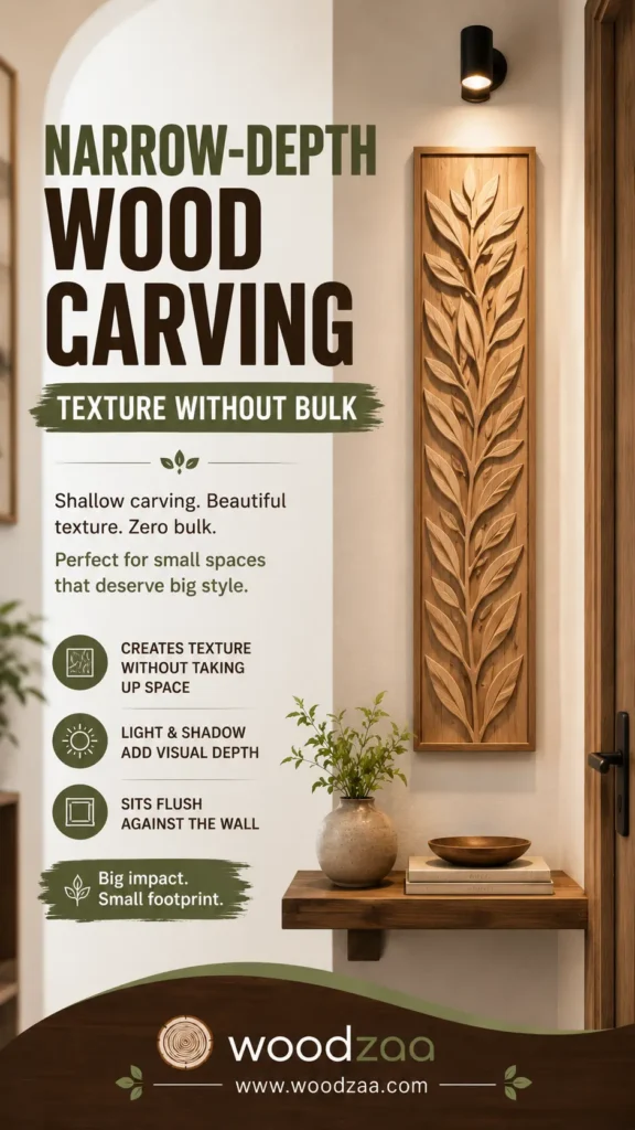 A vertical Pinterest graphic titled "Narrow-Depth Wood Carving – Texture Without Bulk." On the right, a slim rectangular wooden panel featuring carved leaf and branch details hangs under a warm sconce light, positioned above a floating wooden shelf. Text on the left highlights key features like low-profile texture, flush mounting, and small-space style. The bottom includes the Woodzaa branding logo and website www.woodzaa.com.