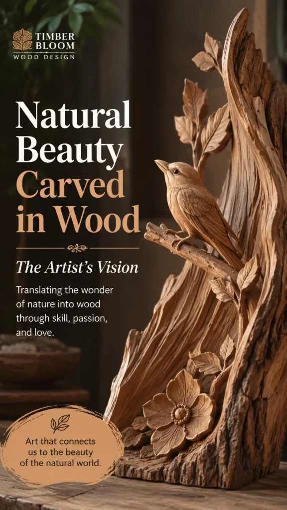 An intricately carved wooden sculpture featuring a songbird perched on a branch, surrounded by carved leaves, flowers, and textured tree bark. On the left, white and beige text reads "Natural Beauty Carved in Wood - The Artist's Vision" beneath the "Timber Bloom Wood Design" logo. Subtext discusses translating nature into wood, with an oval badge at the bottom reading "Art that connects us to the beauty of the natural world."