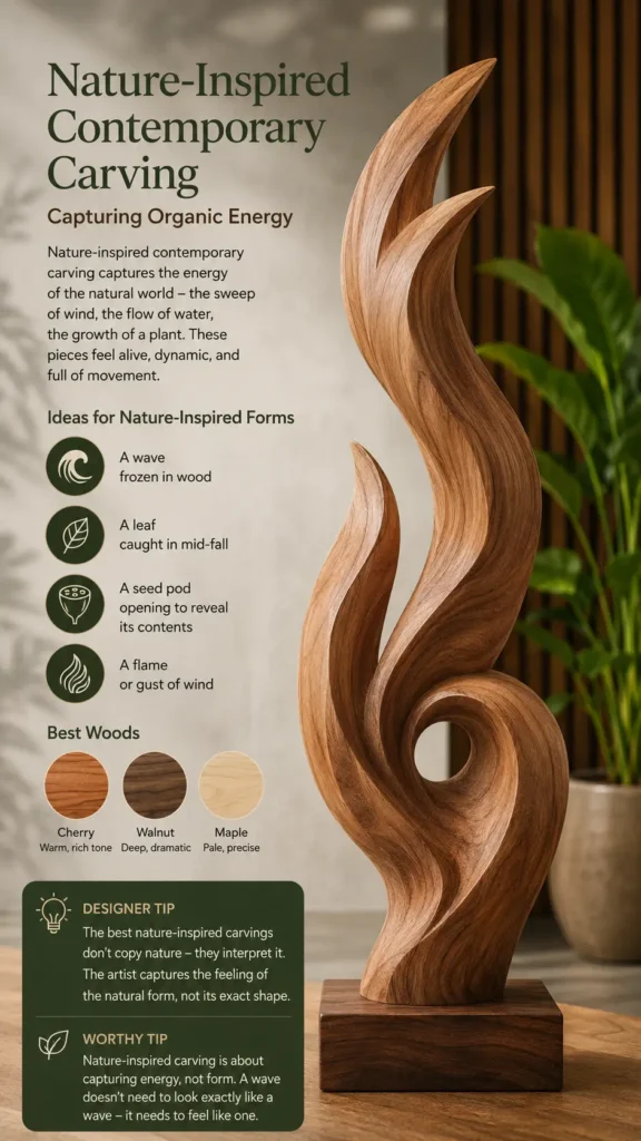 An infographic titled "Nature-Inspired Contemporary Carving – Capturing Organic Energy." On the right, a dynamic, flame-like abstract wooden sculpture with sweeping, upward curves stands on a square base. On the left, text lists ideas for nature-inspired forms (wave, leaf, seed pod, flame) and the best woods to use (cherry, walnut, maple). Tips at the bottom explain that the art interprets the energy and feeling of nature rather than copying exact shapes.