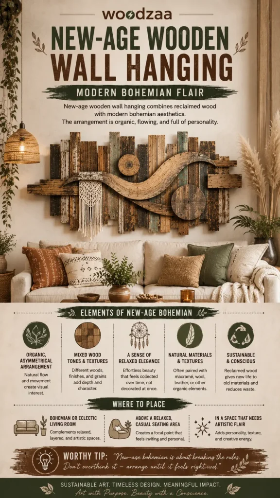 A Pinterest infographic titled "New-Age Wooden Wall Hanging: Modern Bohemian Flair" by Woodzaa. The center displays a textured wall sculpture made of staggered reclaimed wood planks, featuring an organic, flowing wave shape, two wooden circles, and a hanging white macramé fringe. The piece hangs over a beige sofa with boho-patterned pillows. The bottom section details "Elements of New-Age Bohemian"—highlighting organic arrangements and mixed tones—and placement ideas for an eclectic living room.