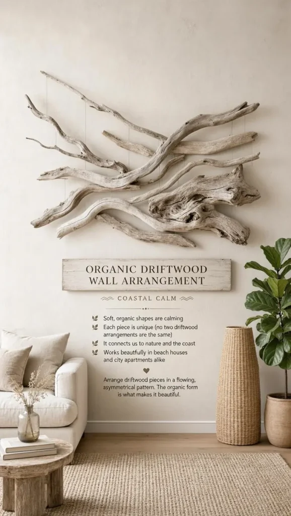 An infographic titled "Organic Driftwood Wall Arrangement – Coastal Calm." The main image shows a large, asymmetrical art installation of weathered driftwood branches mounted on a light wall above a cream-colored sofa. Text below highlights how these unique, calming organic shapes connect us to nature, working beautifully in both beach houses and city apartments. A tip at the bottom suggests arranging driftwood in a flowing pattern to emphasize its organic beauty.