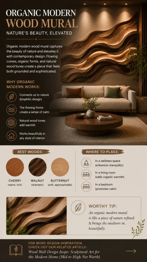 The top visual shows a warm living room featuring a wide, flowing 3D carved wood wall mural with soft LED backlighting behind a beige couch. Below, design guides highlight benefits like biophilic appeal and calm aesthetics, recommended woods (cherry, walnut, butternut) with swatches, placement ideas for living rooms, bedrooms, or wellness spaces, and a close-up photo showing layered wood grain textures.