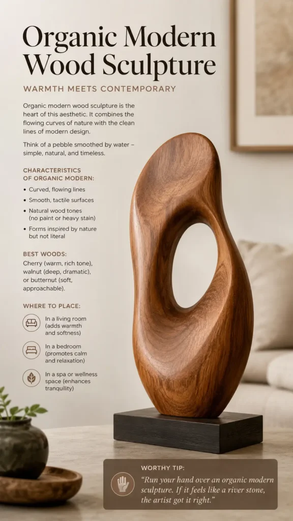 An infographic titled "Organic Modern Wood Sculpture – Warmth Meets Contemporary." On the right, a smooth, curved, abstract wooden sculpture with a central cutout sits on a dark rectangular base. On the left, text explains characteristics of organic modern design (curved lines, smooth surfaces, natural tones, nature-inspired forms). It suggests best woods like cherry, walnut, and butternut, and lists placement ideas: living room, bedroom, or spa. At the bottom is a tip about river stone texture.