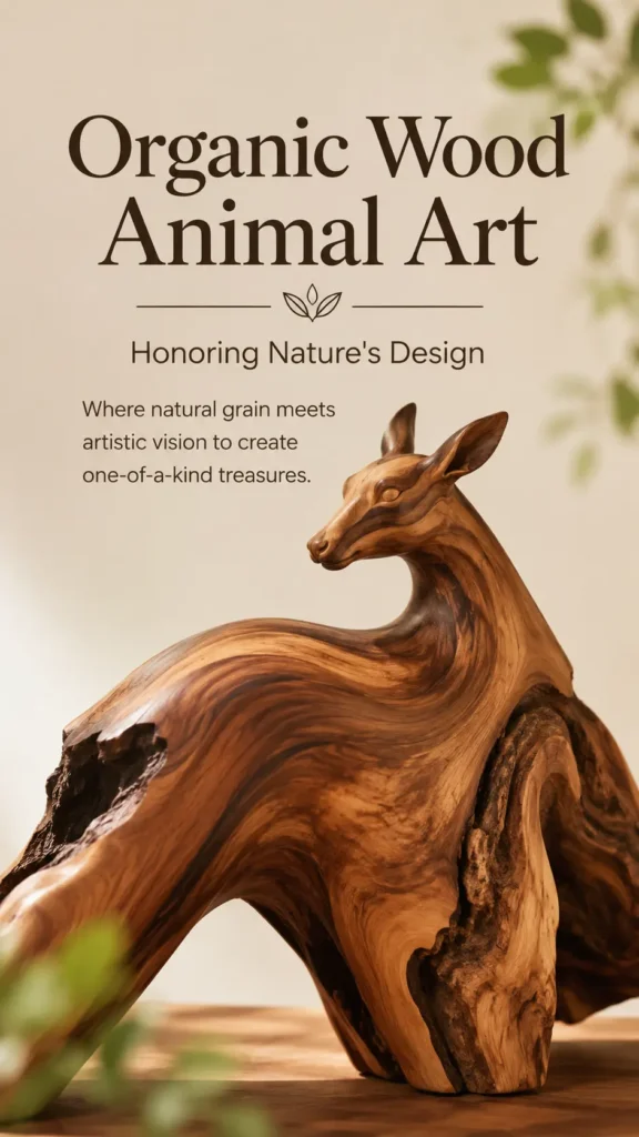 A natural, organic wood sculpture of a doe-like animal gracefully carved directly into a piece of driftwood, showcasing prominent natural grain patterns. At the top, dark brown text reads "Organic Wood Animal Art - Honoring Nature's Design" followed by "Where natural grain meets artistic vision to create one-of-a-kind treasures." The soft, warm-toned background is accented by subtle green foliage.