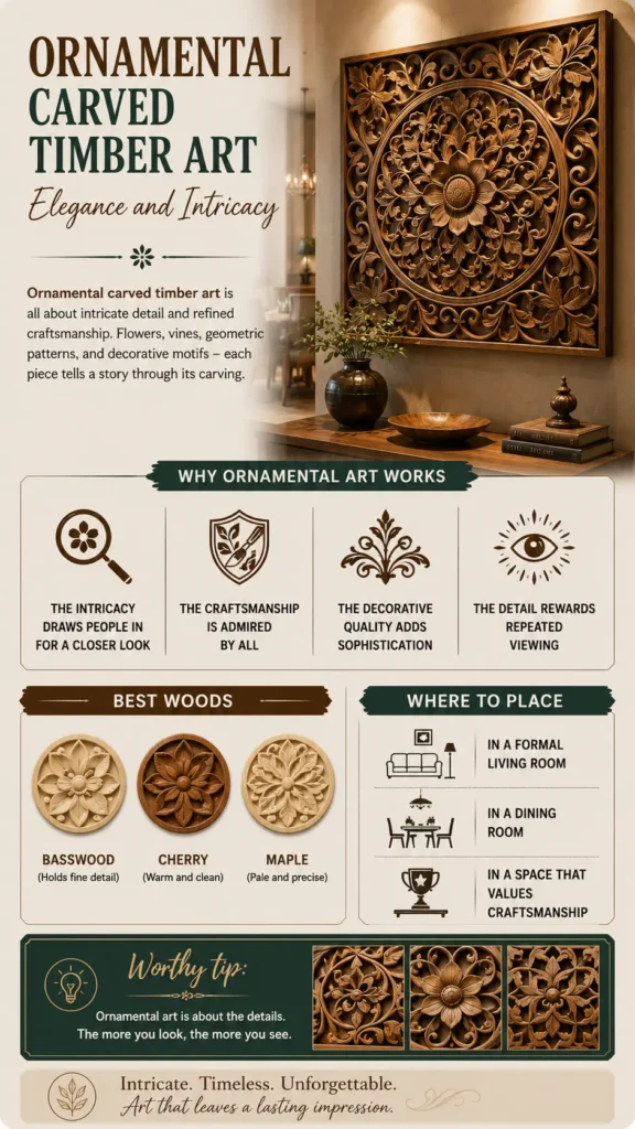 Vertical Pinterest infographic titled "Ornamental Carved Timber Art – Elegance and Intricacy." Shows a large square wooden panel with intricate floral mandala carvings displayed above a console table. Sections explain "Why Ornamental Art Works," list "Best Woods" for detailed carving (Basswood, Cherry, Maple), and offer placement ideas for living and dining rooms. At the bottom, close-up photos highlight the detailed wood craftsmanship, concluding with "Intricate. Timeless. Unforgettable."