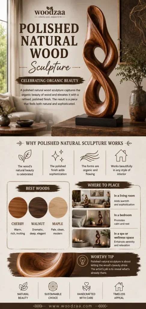 An infographic by Woodzaa titled "Polished Natural Wood Sculpture – Celebrating Organic Beauty." The main image features a tall, flowing, abstract wooden sculpture with a glossy finish on a dark base. The graphic details "Why Polished Natural Sculpture Works," highlighting its organic forms and sophistication. It lists "Best Woods" like cherry, walnut, and maple alongside wood grain swatches. Smaller images show the sculpture styled in a living room, bedroom, and wellness spa.