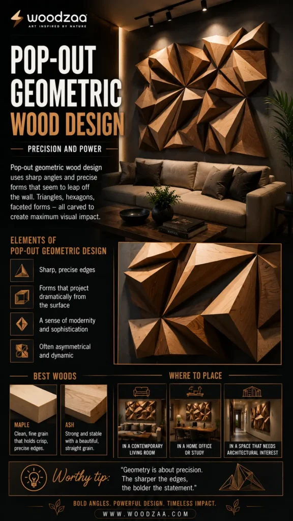 Infographic by Woodzaa titled "Pop-Out Geometric Wood Design – Precision and Power." The top shows a luxury living room featuring a large, asymmetrical 3D geometric wood art installation with sharp, faceted triangular forms above a sofa. Below, key design elements are listed next to a large close-up of the sharp, natural-grain wooden facets. Bottom sections highlight Maple and Ash as the best woods and suggest styling in a living room, home office, or corridor.