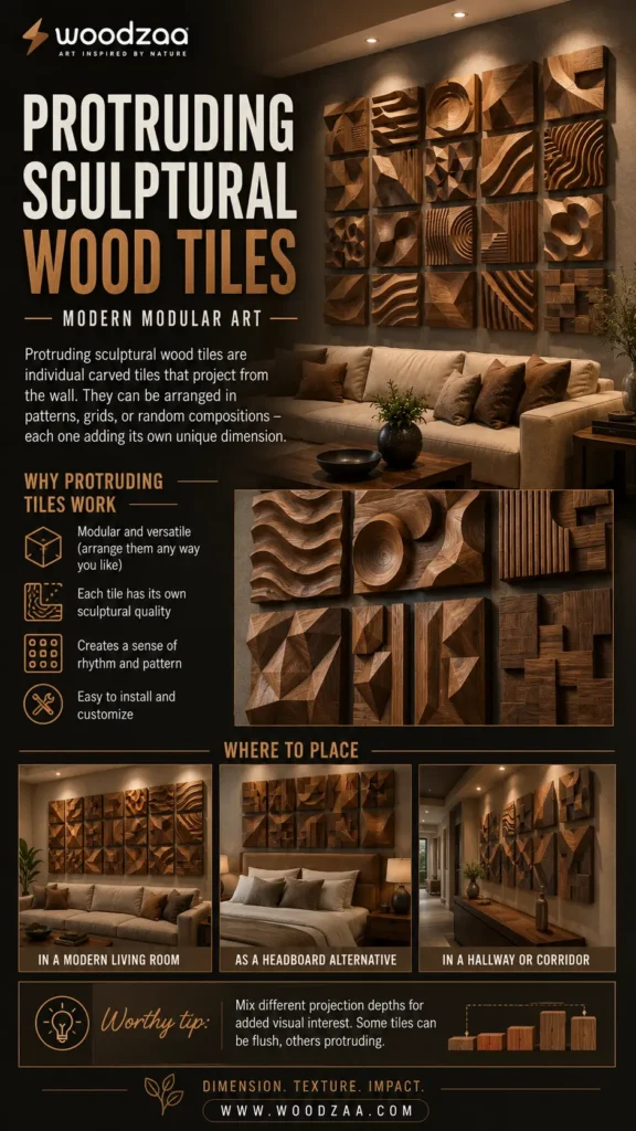 Infographic by Woodzaa titled "Protruding Sculptural Wood Tiles – Modern Modular Art." The top features a modern living room with a large, grid-style wall installation made of diverse, individually carved 3D wooden tiles. Below, a section titled "Why Protruding Tiles Work" lists key benefits, accompanied by a close-up showing the intricate geometric and wavy textures of the wood blocks. Three placement examples show them used in a living room, as a bed headboard, and in a hallway.