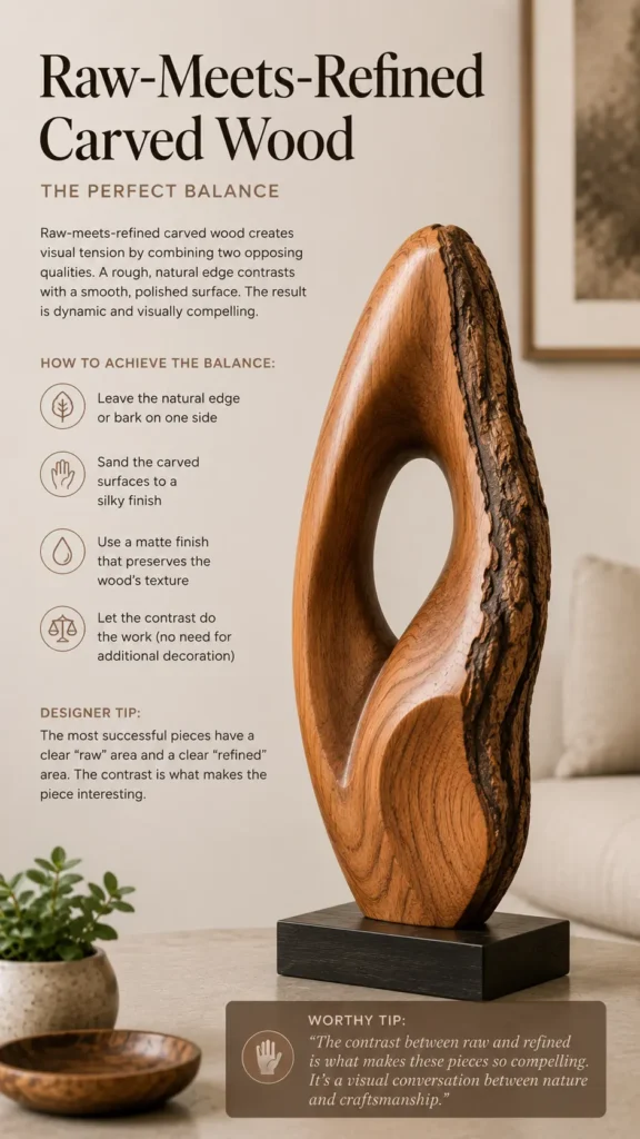 An infographic titled "Raw-Meets-Refined Carved Wood – The Perfect Balance." On the right, a smooth, curved wooden sculpture with an oval cutout stands on a dark base; one side retains its rough, textured natural bark. On the left, text explains how to achieve balance (leaving the natural edge, sanding to a silky finish, using a matte finish). A "Designer Tip" and a "Worthy Tip" at the bottom emphasize that the stark contrast between raw and refined is what makes the art piece compelling.