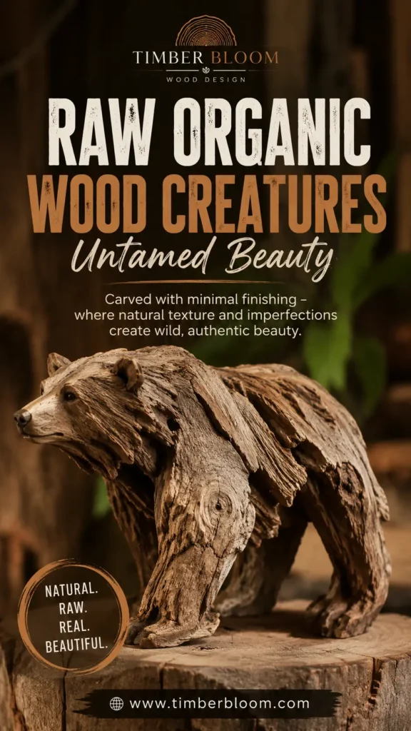A rustic wooden bear sculpture with a raw, rugged texture standing on a tree stump. Above it, bold text reads "Raw Organic Wood Creatures - Untamed Beauty" below the "Timber Bloom Wood Design" logo, describing art carved with minimal finishing to highlight natural imperfections. A circular badge in the bottom left reads "Natural. Raw. Real. Beautiful." with the website "www.timberbloom.com" at the base.