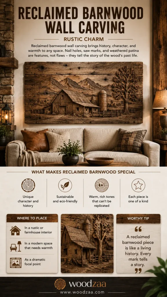 A vertical Pinterest infographic titled "Reclaimed Barnwood Wall Carving – Rustic Charm" by woodzaa. The top showcases a cozy living room with a large reclaimed wood panel carved with a rustic scene of a barn, silo, and mountains hung above a beige sofa. The lower half outlines "What Makes Reclaimed Barnwood Special" with helpful icons, placement suggestions under "Where to Place," a close-up photo of the barn carving, and a "Worthy Tip" quote box.