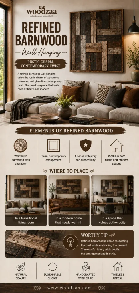An infographic by Woodzaa titled "Refined Barnwood Wall Hanging – Rustic Charm, Contemporary Twist." The main image features a large, square multi-toned reclaimed wood mosaic hanging above a beige sectional sofa with patterned throw pillows. The guide breaks down "Elements of Refined Barnwood" with icons for character, contemporary layout, history, and versatility. Three smaller styling photos show the art in a transitional living room, a modern home, and a rustic workspace.