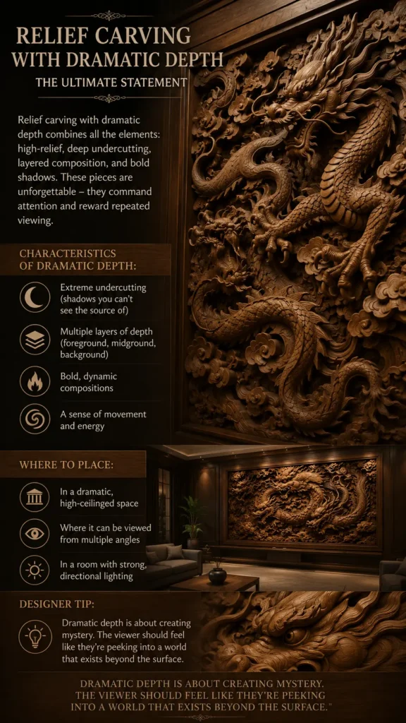 An infographic about luxury interior design titled "Relief Carving with Dramatic Depth – The Ultimate Statement." The main image shows an incredibly intricate, deeply hand-carved wooden wall panel depicting a majestic dragon amidst swirling clouds. Below, a secondary photo displays the massive artwork installed as a brilliant focal feature in a moody, high-ceilinged luxury lounge. The infographic includes icons detailing characteristics of dramatic depth, placement tips, and a designer tip.