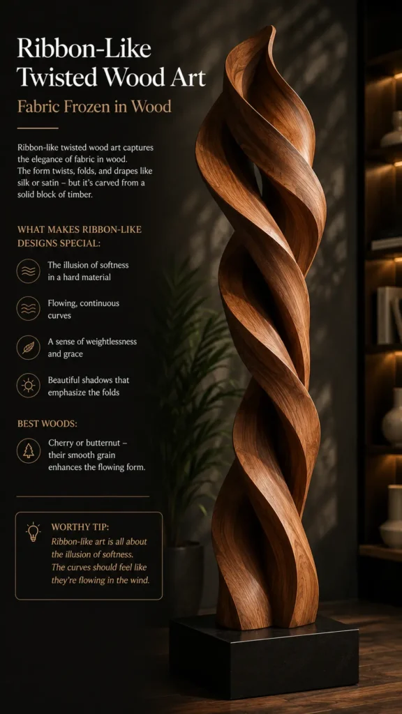 An infographic titled "Ribbon-Like Twisted Wood Art – Fabric Frozen in Wood." The right side showcases a tall wooden sculpture with flowing, continuous curves that mimic twisted, draped fabric, resting on a black rectangular base. The left side highlights design features such as the illusion of softness, continuous curves, and gracefulness. It recommends cherry or butternut wood for its smooth grain. A "Worthy Tip" box emphasizing the illusion of softness is featured at the bottom.
