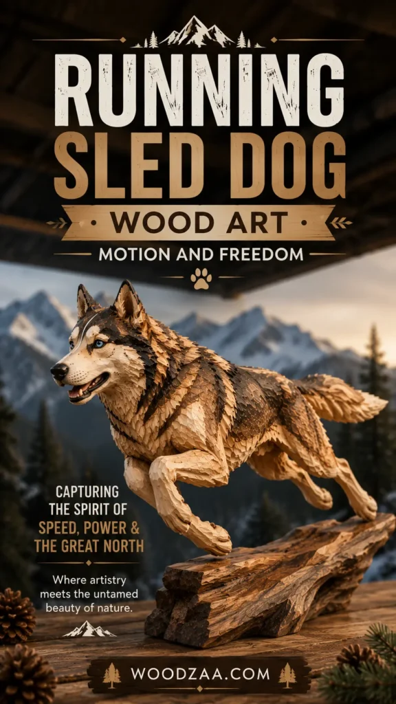 A dynamic hand-carved wooden sculpture of a Husky running mid-stride on a rugged log base, set against a backdrop of snow-capped mountains and evergreen pine trees. Headline text reads: "RUNNING SLED DOG • WOOD ART • MOTION AND FREEDOM - Capturing the spirit of speed, power & the great North. Where artistry meets the untamed beauty of nature." Pinterest vertical layout featuring a wooden footer banner with "WOODZAA.COM" flanked by pine trees.