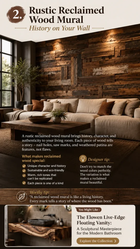 An infographic titled "Rustic Reclaimed Wood Mural – History on Your Wall." The main image features a living room with a cream sectional sofa set against a massive feature wall constructed from multi-toned, textured reclaimed wooden planks. Below, text explains what makes reclaimed wood special (unique character, eco-friendly) alongside a designer tip advising not to perfectly match wood colors. The bottom includes a "Worthy Tip" and a promo for a live-edge floating bathroom vanity.
