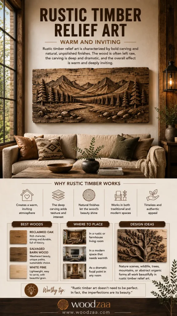 A vertical Pinterest infographic titled "Rustic Timber Relief Art – Warm and Inviting" by woodzaa. The top features a cozy living room with a large, horizontal wood carving of a rustic mountain landscape with pine trees and a winding river hung above a beige sofa. The lower half outlines "Why Rustic Timber Works" with icons, lists "Best Woods" (Reclaimed Oak, Salvaged Barn Wood, White Pine), suggests "Where to Place" ideas with photo thumbnails, shows a carved tree design, and includes a "Worthy Tip" box.
