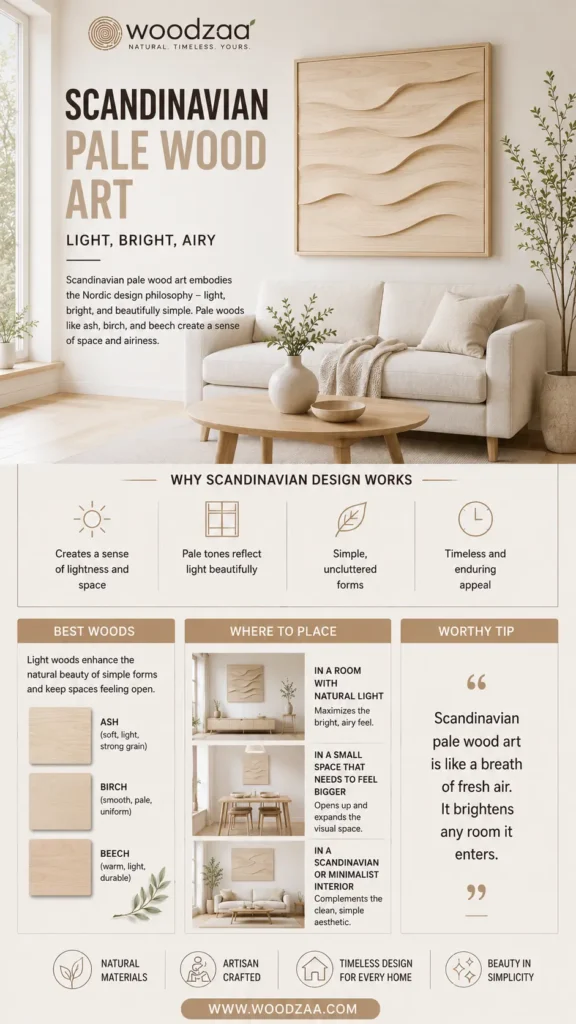 An infographic by Woodzaa titled "Scandinavian Pale Wood Art – Light, Bright, Airy." The top shows a large, framed pale wood carving with wave-like curves hanging above a white sofa. Below, sections explain "Why Scandinavian Design Works" (lightness, reflection, simple forms), "Best Woods" (Ash, Birch, Beech), and "Where to Place" (rooms with natural light, small spaces, minimalist interiors). A "Worthy Tip" calls it a breath of fresh air. Includes www.woodzaa.com.