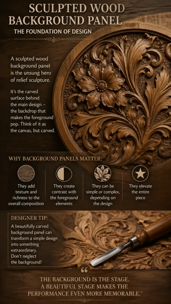 An infographic about woodworking and decor titled "Sculpted Wood Background Panel – The Foundation of Design." The top image showcases a highly detailed, circular hand-carved wooden panel featuring an ornate floral design with a prominent central flower and flowing acanthus leaves. Below, informational icons explain "Why background panels matter." The bottom section includes a "Designer Tip" alongside a close-up photo of a professional woodcarving chisel resting on a partially carved wooden surface.