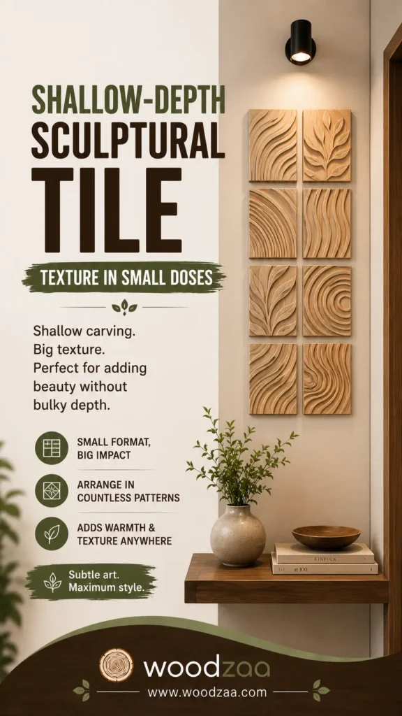 A Pinterest graphic titled "Shallow-Depth Sculptural Tile – Texture in Small Doses." On the right, eight square, light-wood tiles with carved botanical and abstract wave designs are arranged in a 2x4 grid above a floating shelf with books, a bowl, and a plant. On the left, text highlights small format impact, custom arrangements, and subtle depth. The bottom features the Woodzaa logo and website www.woodzaa.com.