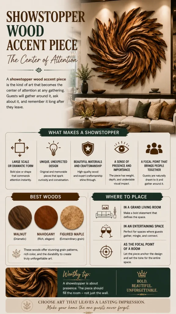 Vertical Pinterest infographic titled "Showstopper Wood Accent Piece – The Center of Attention." Features a large, dramatic spiral-carved wooden wall sculpture above a sofa. Includes sections explaining "What Makes a Showstopper," recommending "Best Woods" (Walnut, Mahogany, Figured Maple), and offering placement advice for grand living rooms or entertaining spaces. Below, a close-up detail shot accompanies the text, "Bold. Beautiful. Unforgettable. Make your home the one guests never forget."