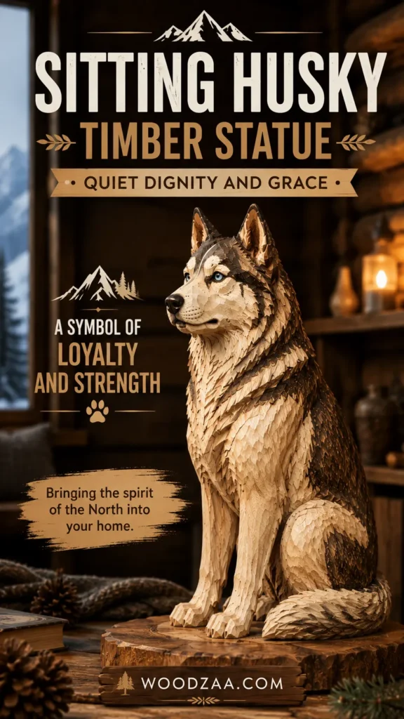 Detailed hand-carved wooden Husky statue sitting proudly on a rustic timber base, set inside a warm cabin with a view of snowy mountains. Headline text reads: "SITTING HUSKY TIMBER STATUE • QUIET DIGNITY AND GRACE - A symbol of loyalty and strength. Bringing the spirit of the North into your home." Pinterest vertical pin layout featuring a wooden banner at the bottom displaying "WOODZAA.COM" flanked by pine trees.